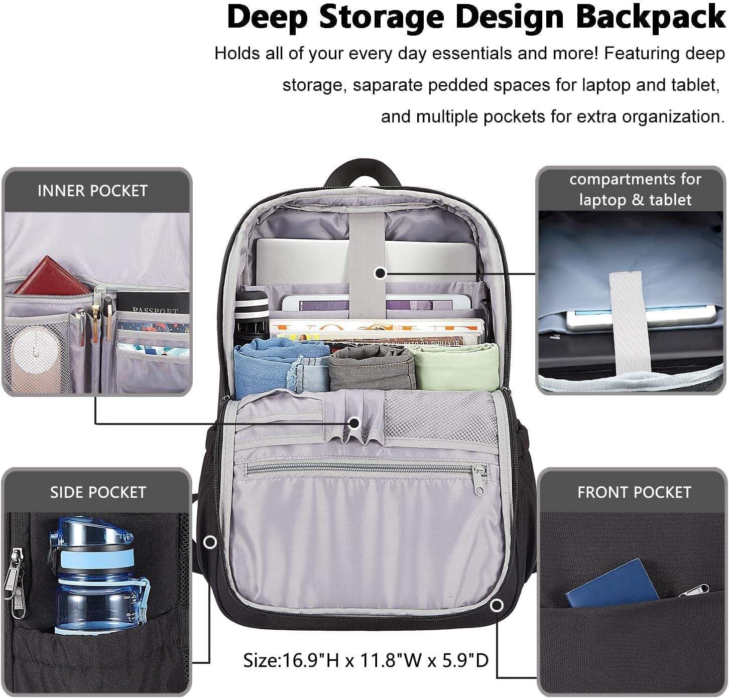 Deep Storage Laptop Backpack Business Anti-Theft Backpacks[Water Resistant] College Computer Bookbag Fits 15 Inch Laptop Black