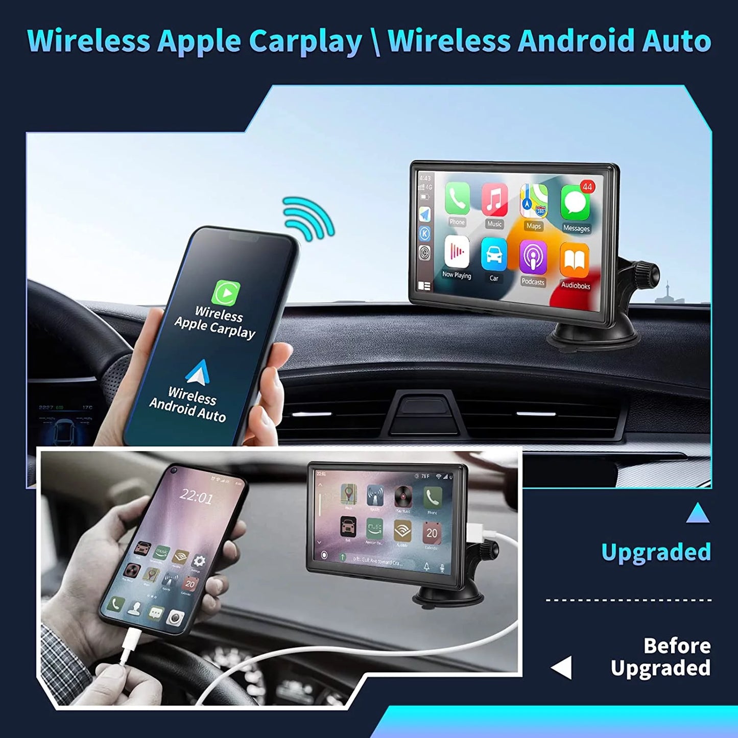 Portable Car Stereo Wireless 9 Inch Touch Screen Apple Carplay & Android Auto with 2.5K Dash Cam, 1080P Rear Camera, Bluetooth