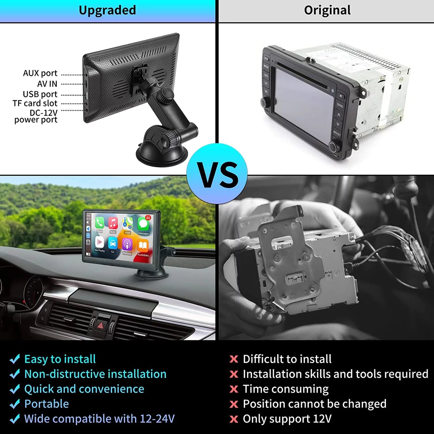 Portable Car Stereo Wireless 9 Inch Touch Screen Apple Carplay & Android Auto with 2.5K Dash Cam, 1080P Rear Camera, Bluetooth
